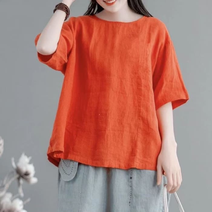 シンプルファッション ナチュラル麻混素材ゆったりトップス