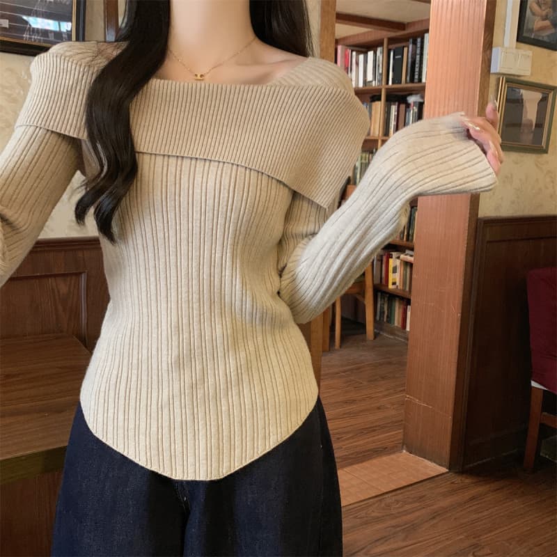 オフショルダーリブニット シンプルファッション
