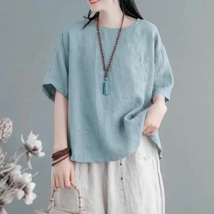 シンプルファッション ナチュラル麻混素材ゆったりトップス