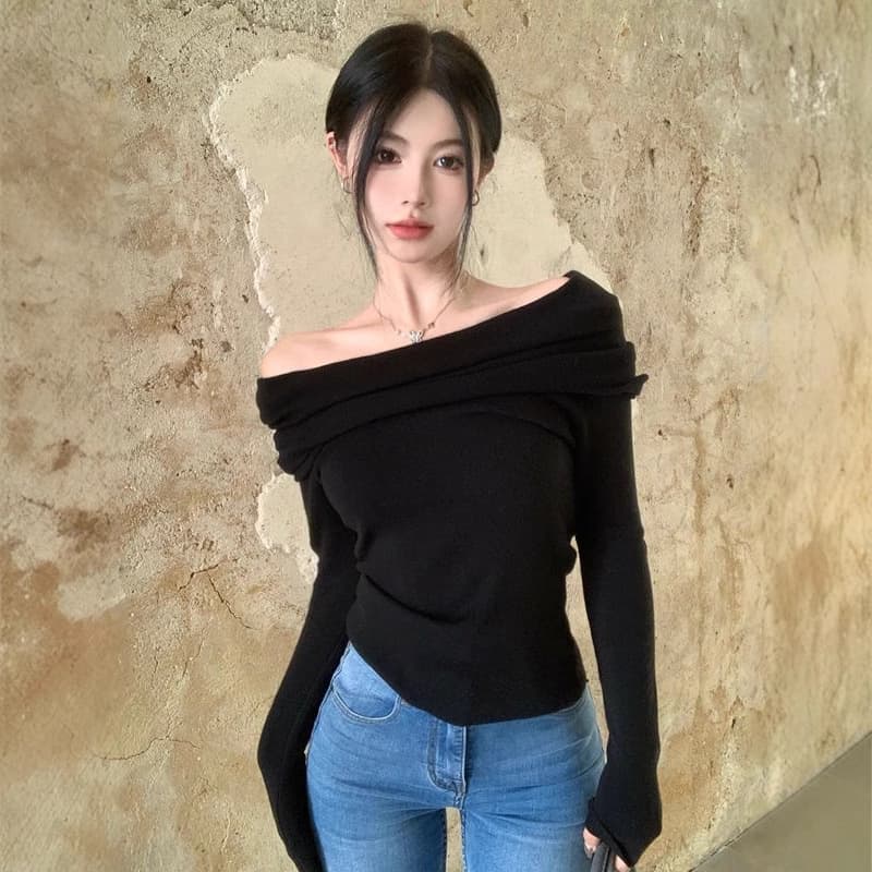 オフショルダーリブニット シンプルファッション