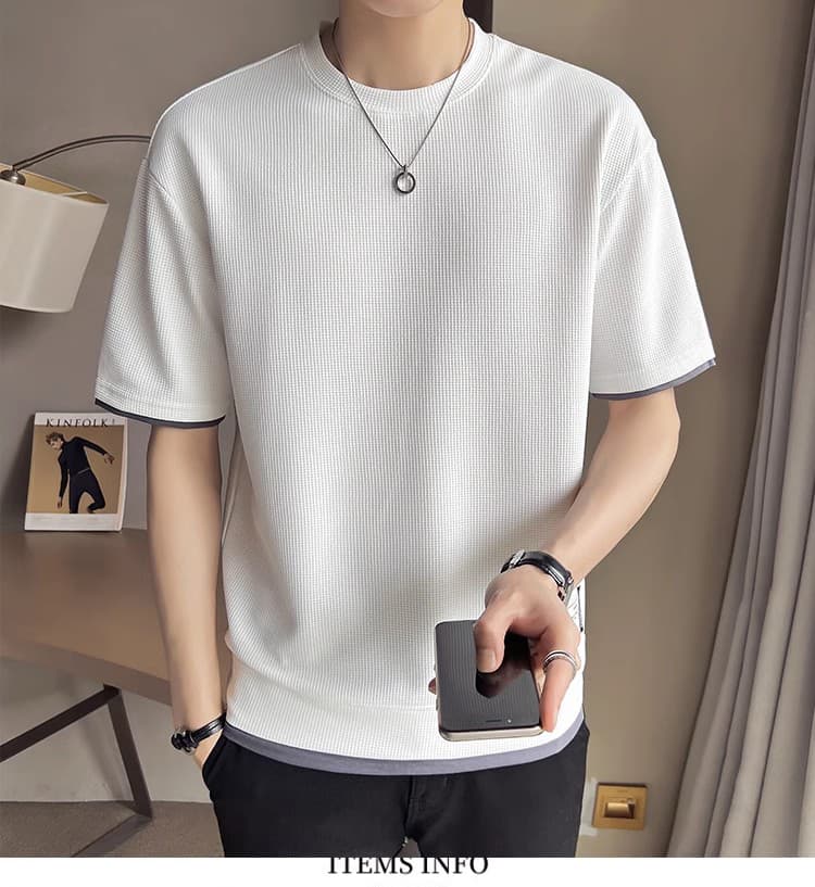 シンプルファッション レイヤード風ワッフル半袖トップス