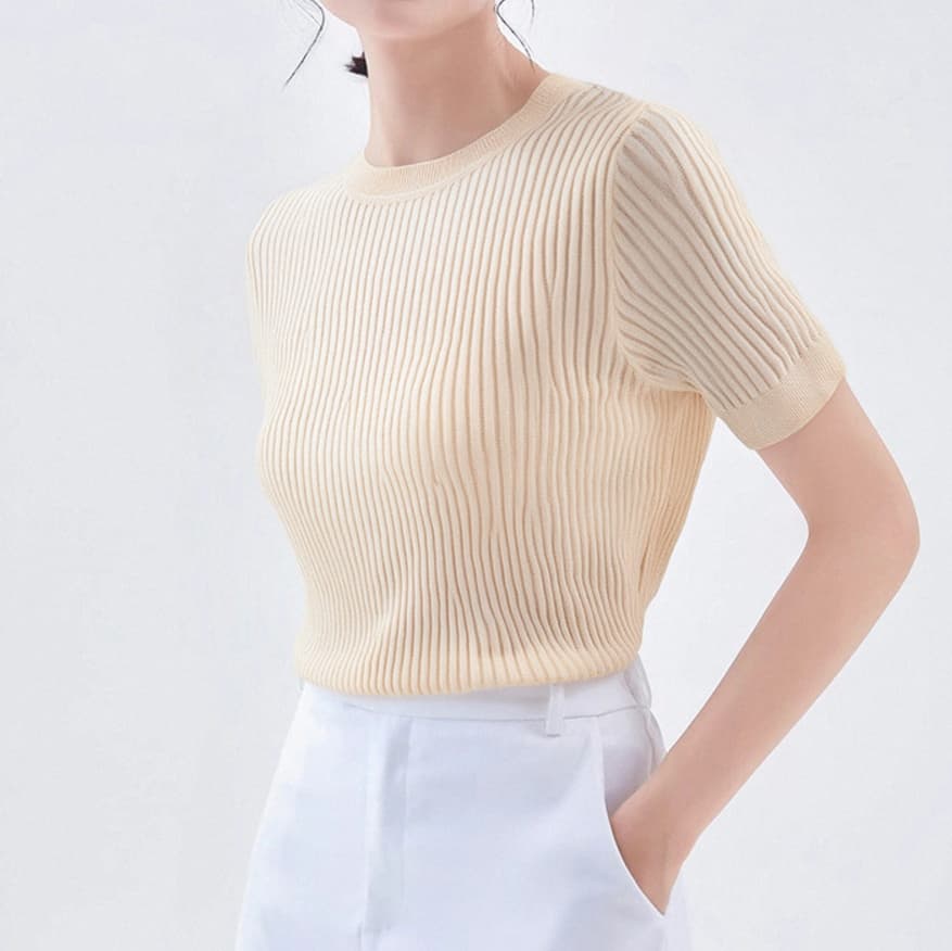 上質リブ編み半袖ニット シンプルファッション