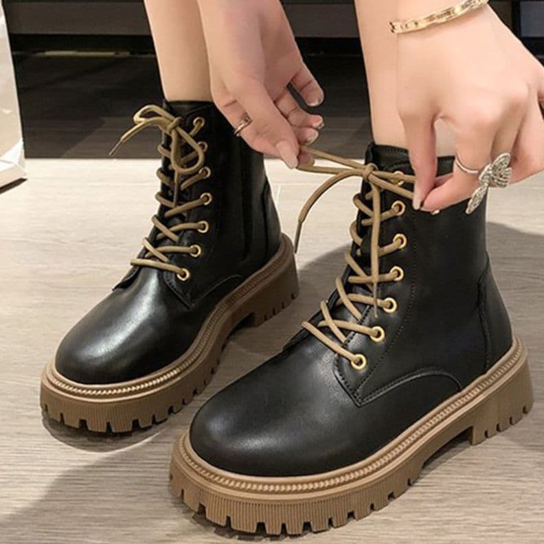 シンプルファッション 厚底編み上げショートブーツ レディース