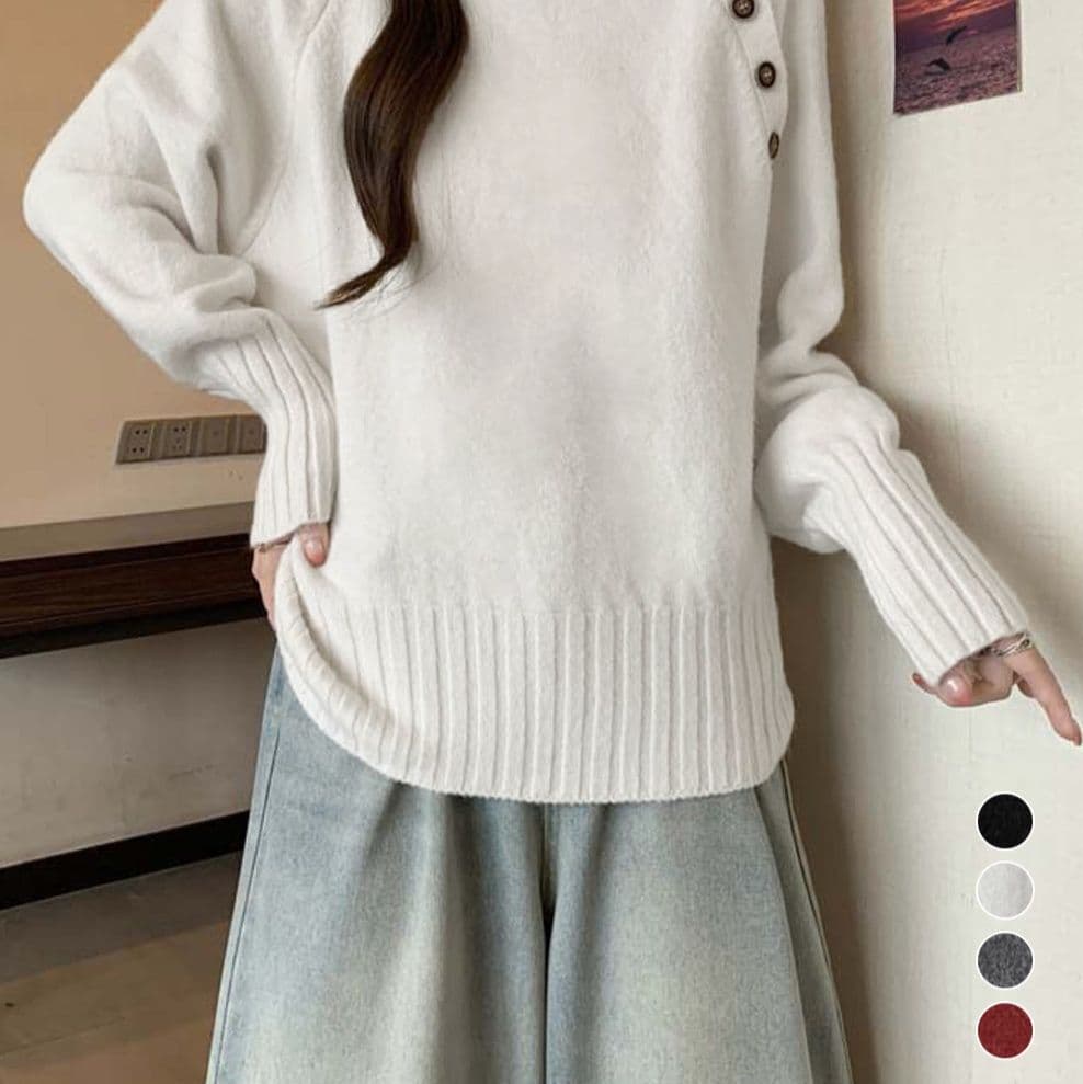シンプルファッション ニットハイネック長袖 ボタン付きセーター 