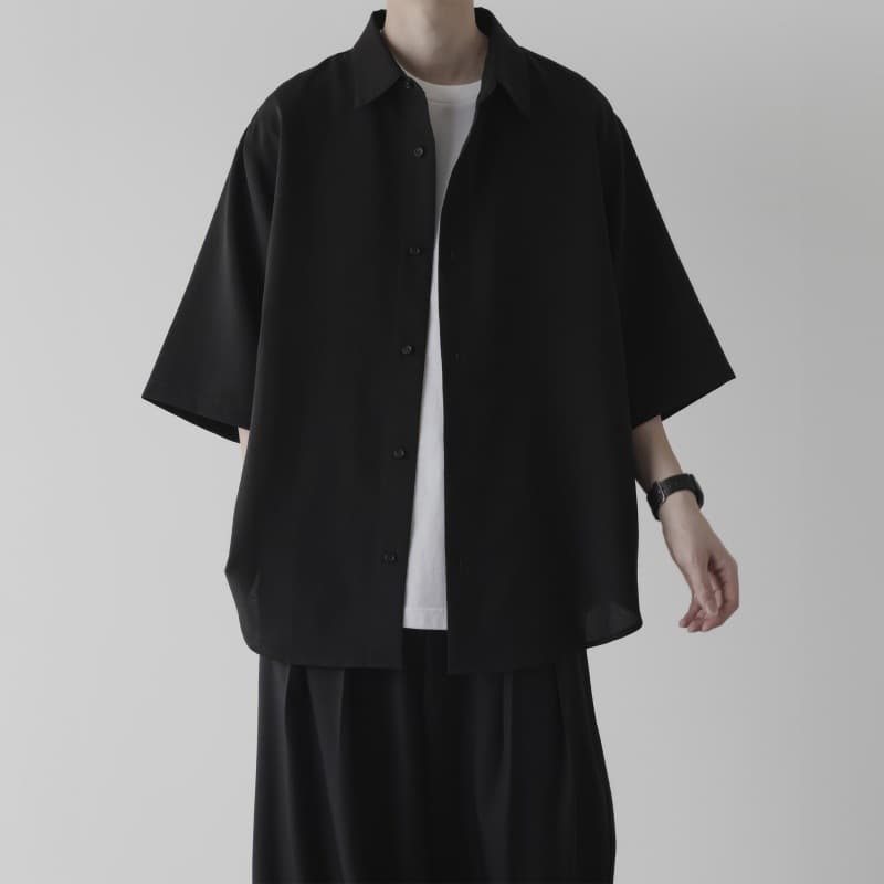 ゆったりシルエット 五分袖シャツ シンプルファッション