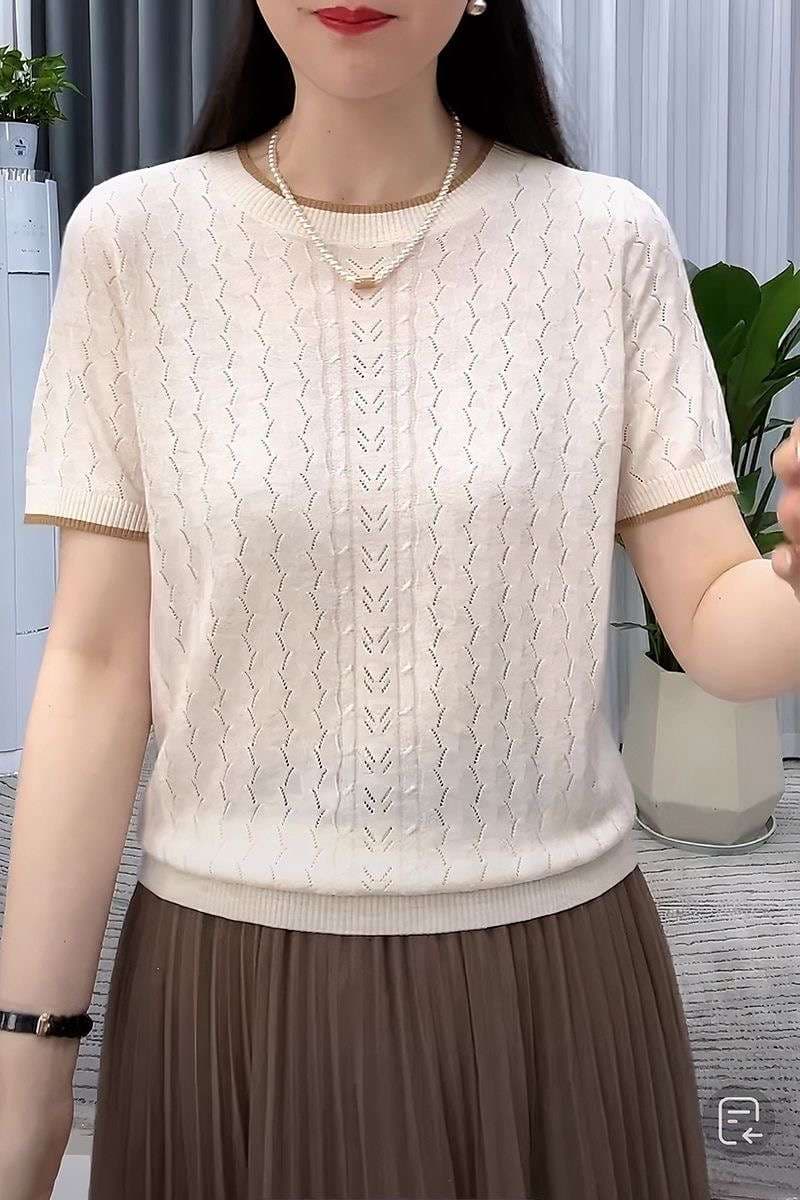 透かし編みデザイン半袖ニット シンプルファッション