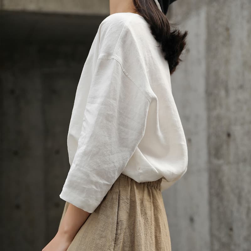 シンプルファッション リネン風ゆったり袖トップス