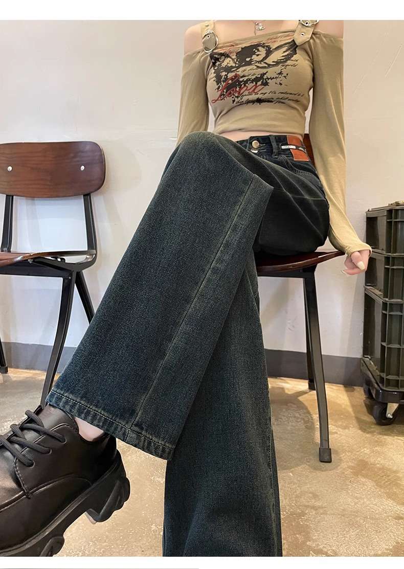 ゆったりワイドストレートデニム シンプルファッション