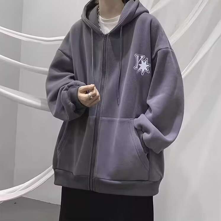 ゆったりストリート系ジップアップパーカー シンプルファッション