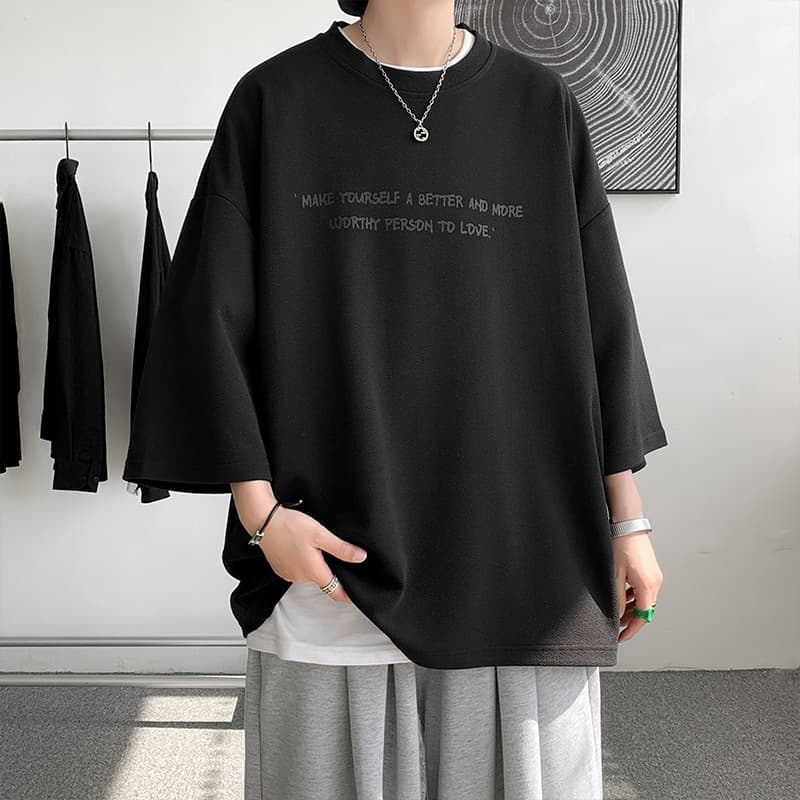 シンプルファッション シルキー素材メッセージプリント七分袖Tシャツ