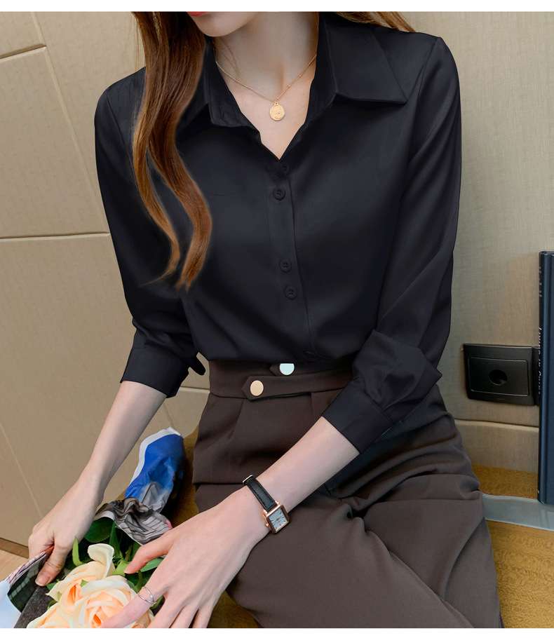 優雅な襟付き長袖ブラウス シンプルファッション