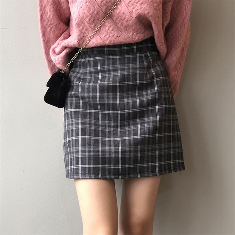 シンプルファッション チェック柄ハイウエストミニスカート秋冬