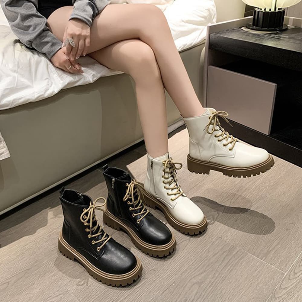 シンプルファッション 厚底編み上げショートブーツ レディース