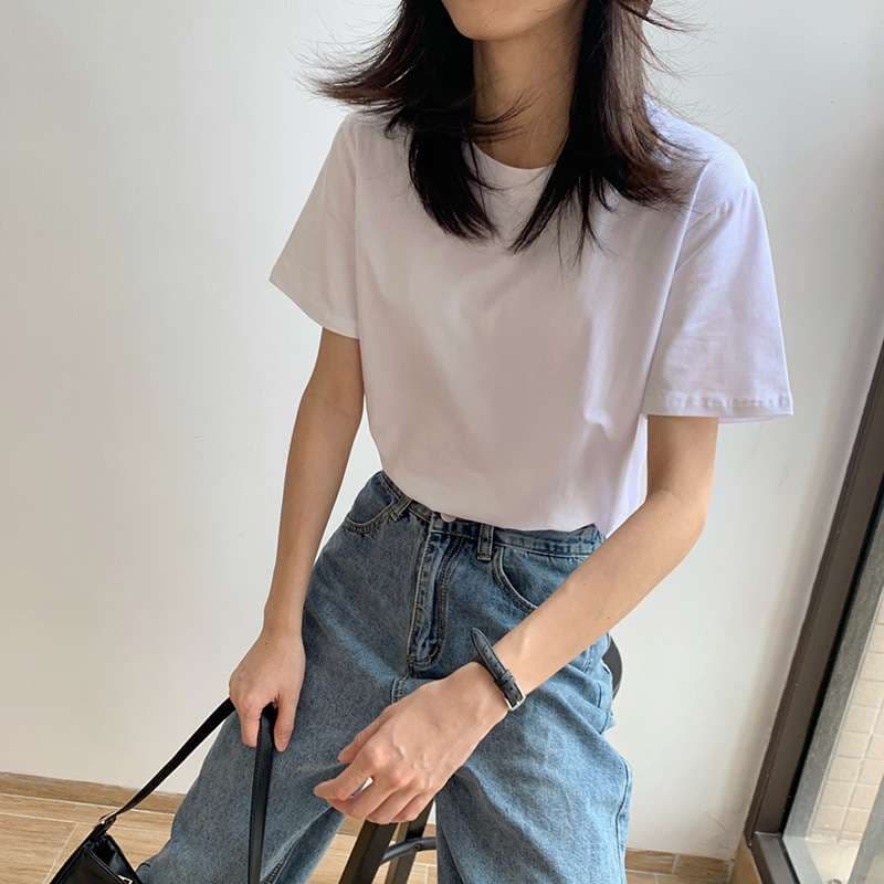 ベーシック定番クルーネック半袖シャツ シンプルファッション