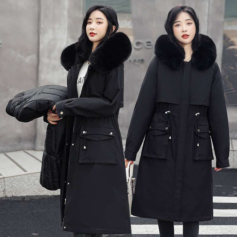 フード付きロング中綿コート シンプルファッション