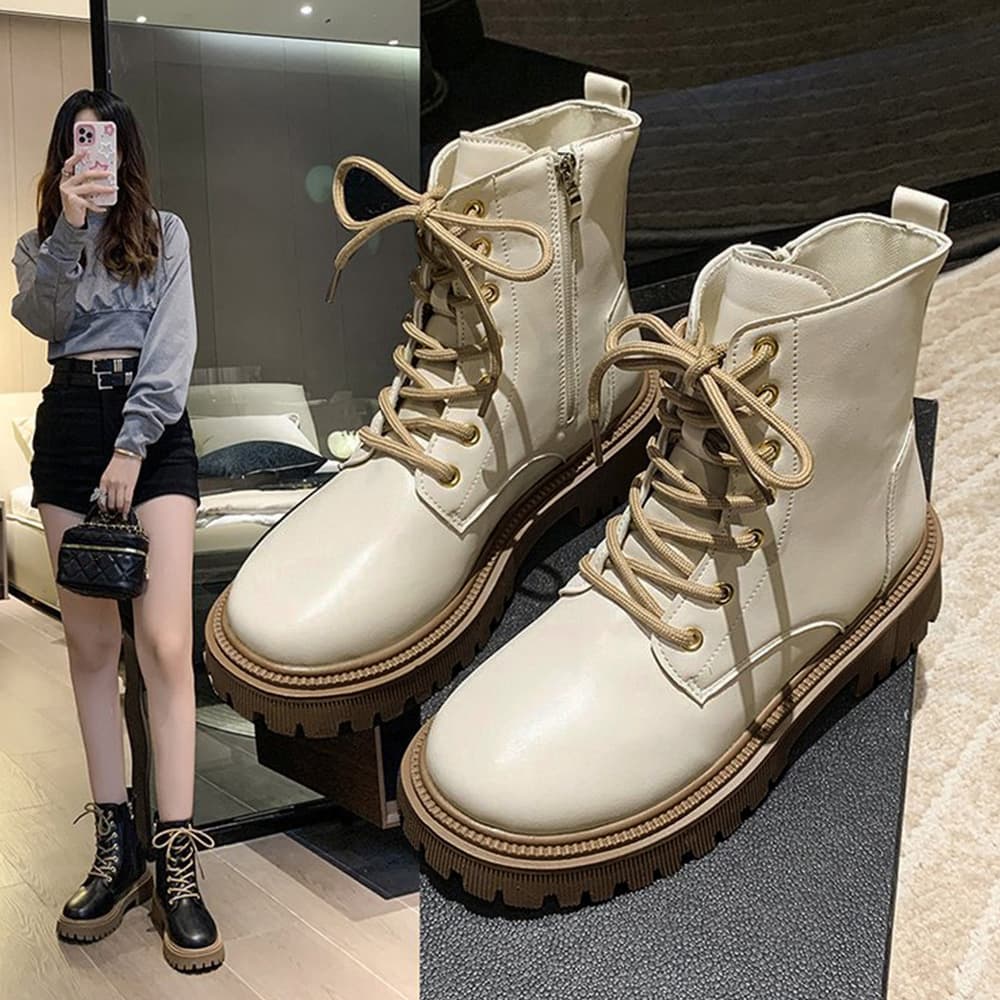 シンプルファッション 厚底編み上げショートブーツ レディース