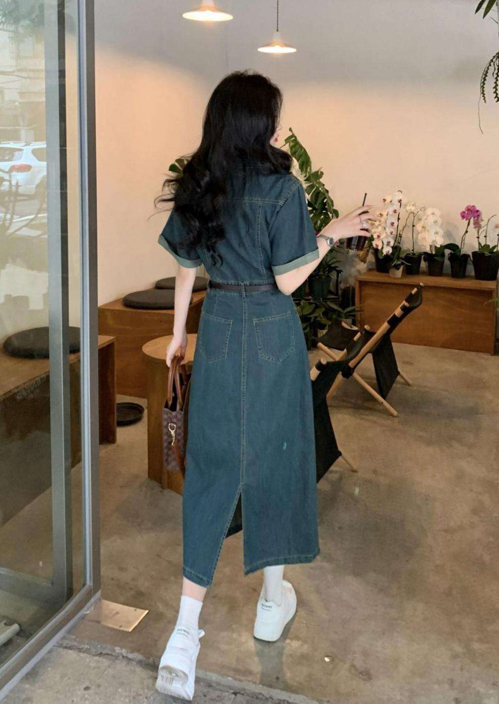 デニムロングワンピース シンプルファッション