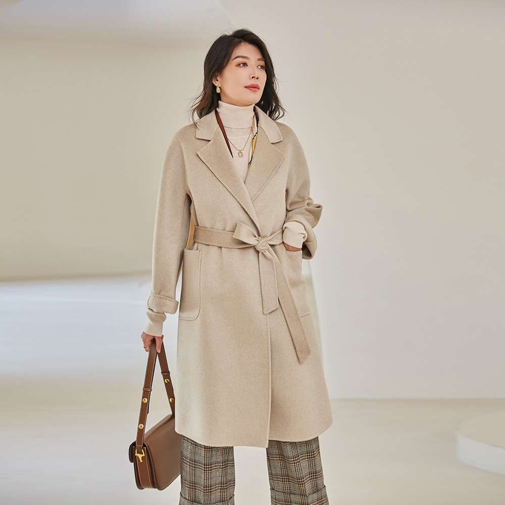 上品ベルテッドウールコート シンプルファッション