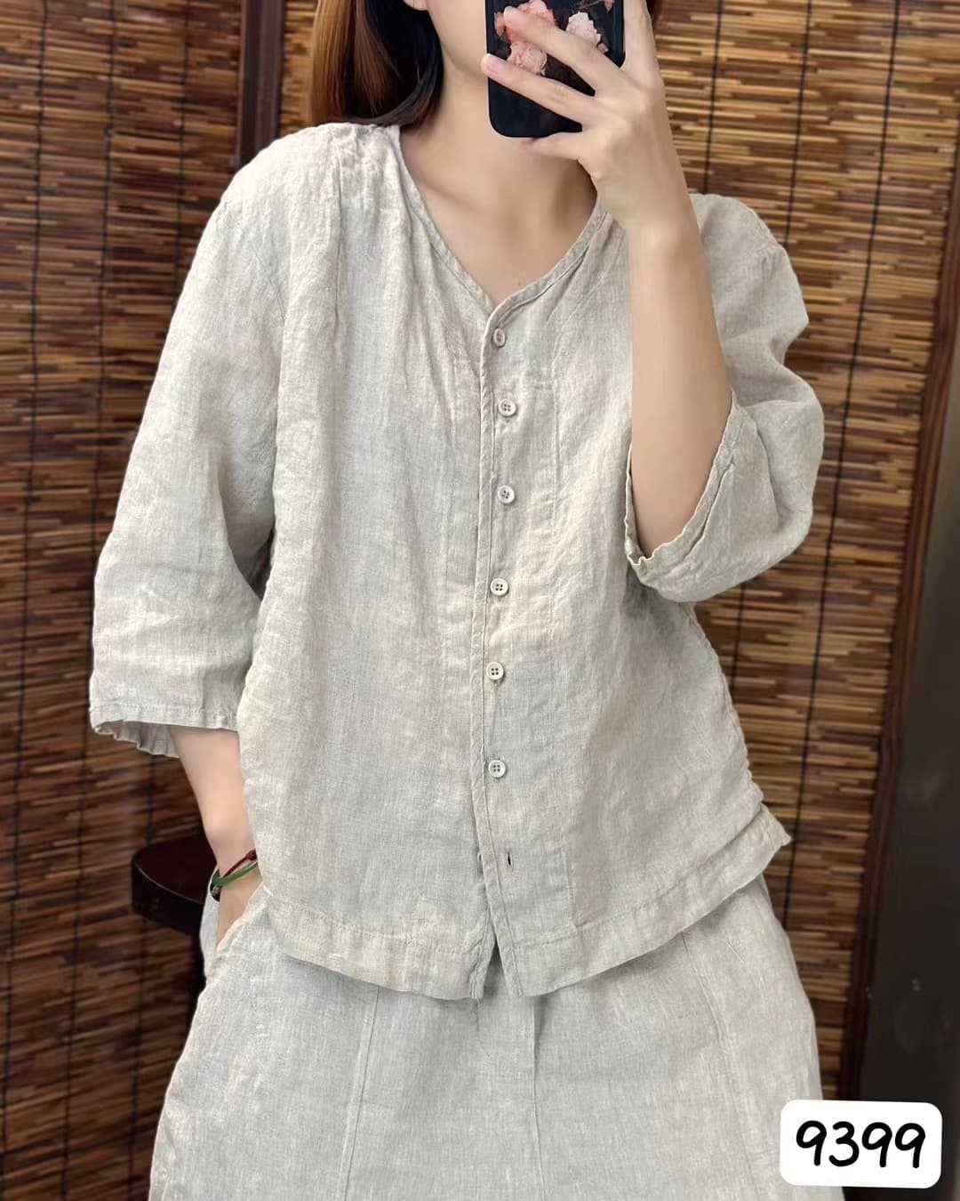 シンプルファッション リネンVネックシャツ 前開きゆったりブラウス