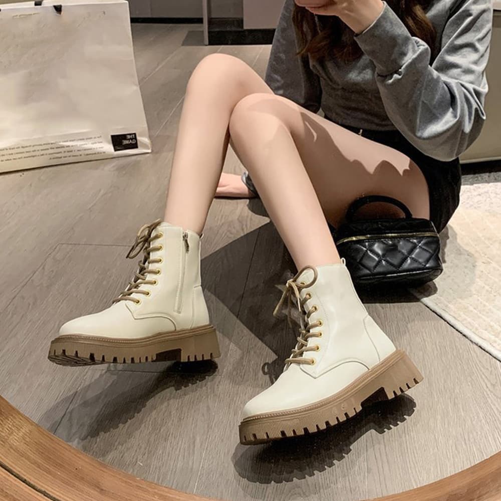 シンプルファッション 厚底編み上げショートブーツ レディース