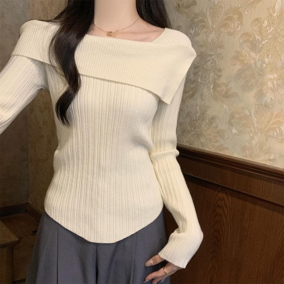 オフショルダーリブニット シンプルファッション
