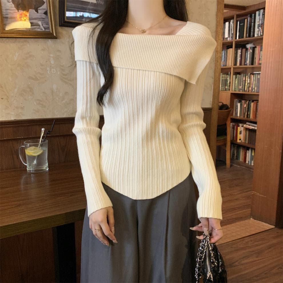 オフショルダーリブニット シンプルファッション