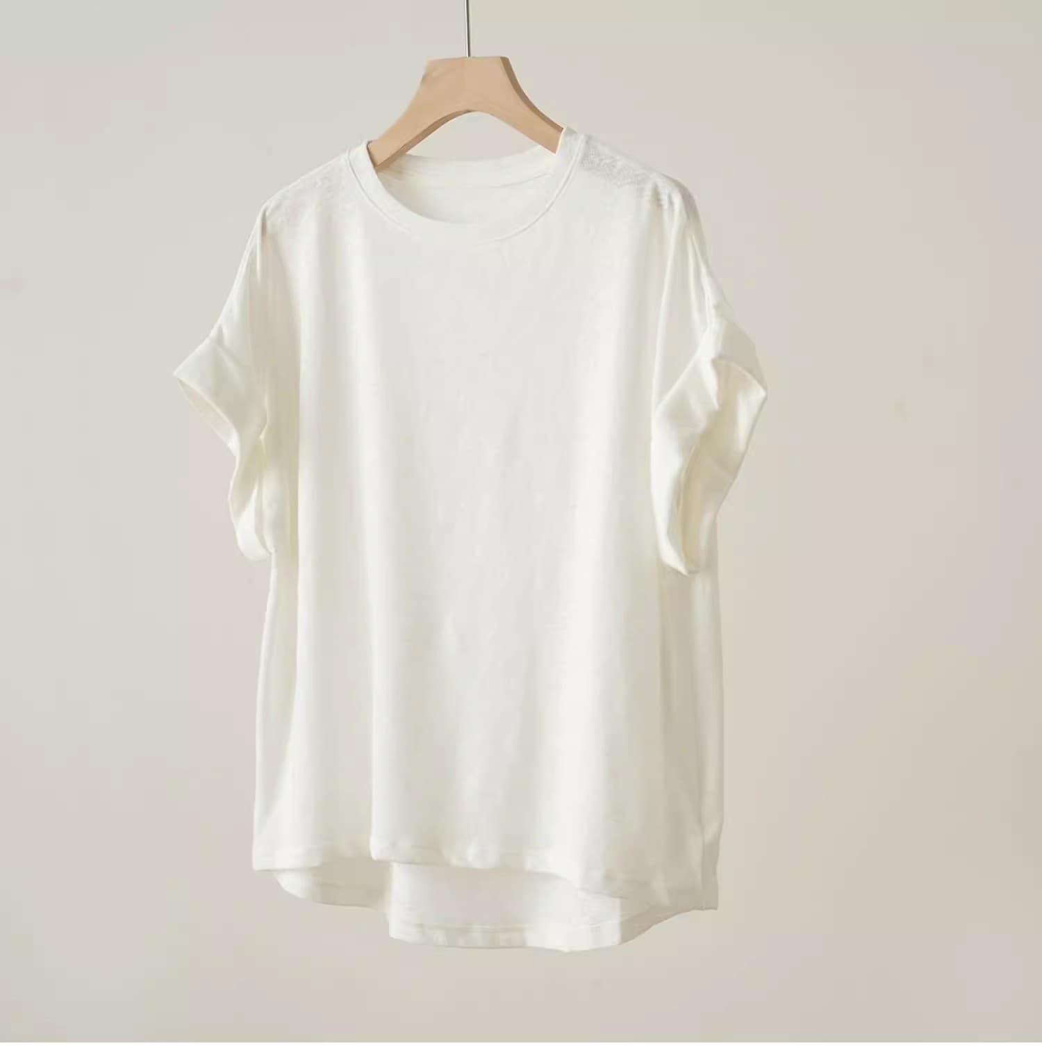シンプルファッション 麻混素材ドルマン袖リラックスフィットTシャツ