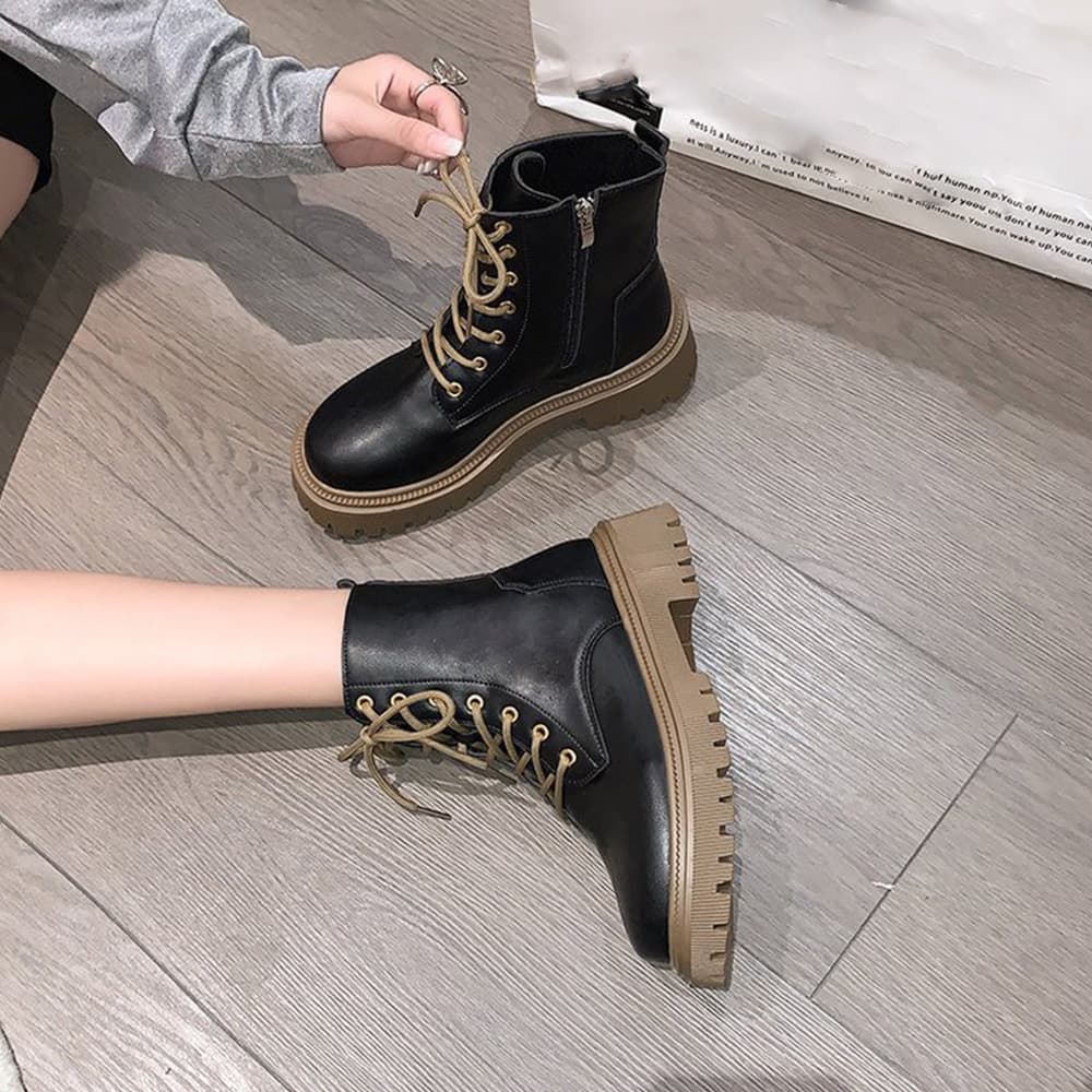 シンプルファッション 厚底編み上げショートブーツ レディース
