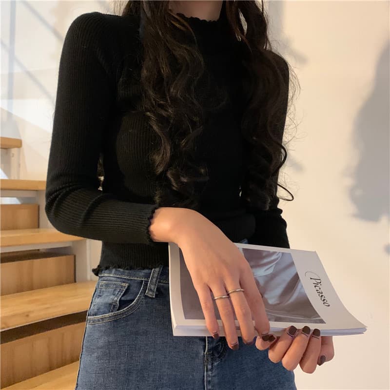 フリル袖リブニット シンプルファッション