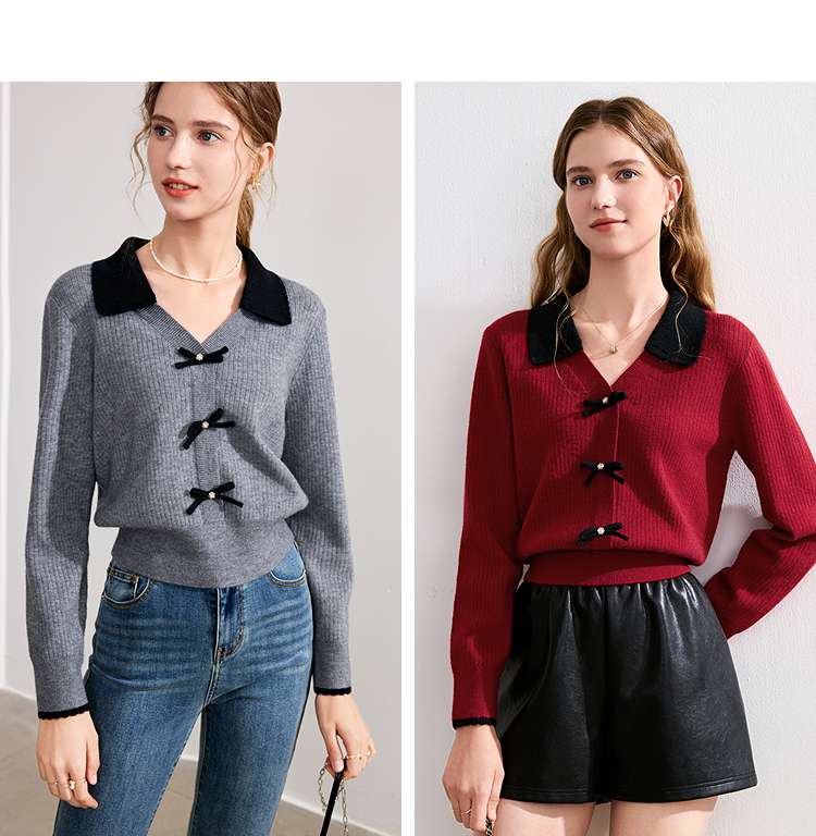 リボン付きカーディガン風ニット シンプルファッション
