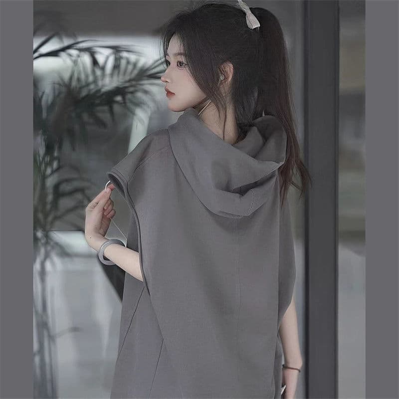 シンプルファッション ノースリーブフーディーワンピース