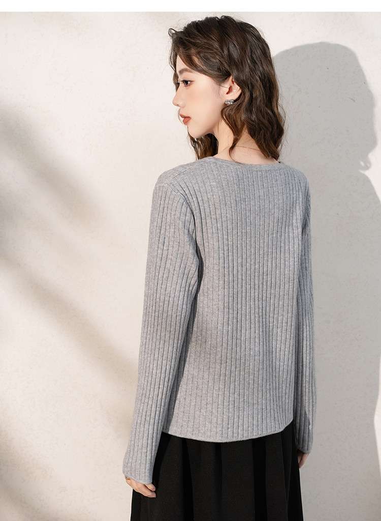 リブ編みカーディガン風ニットトップス シンプルファッション