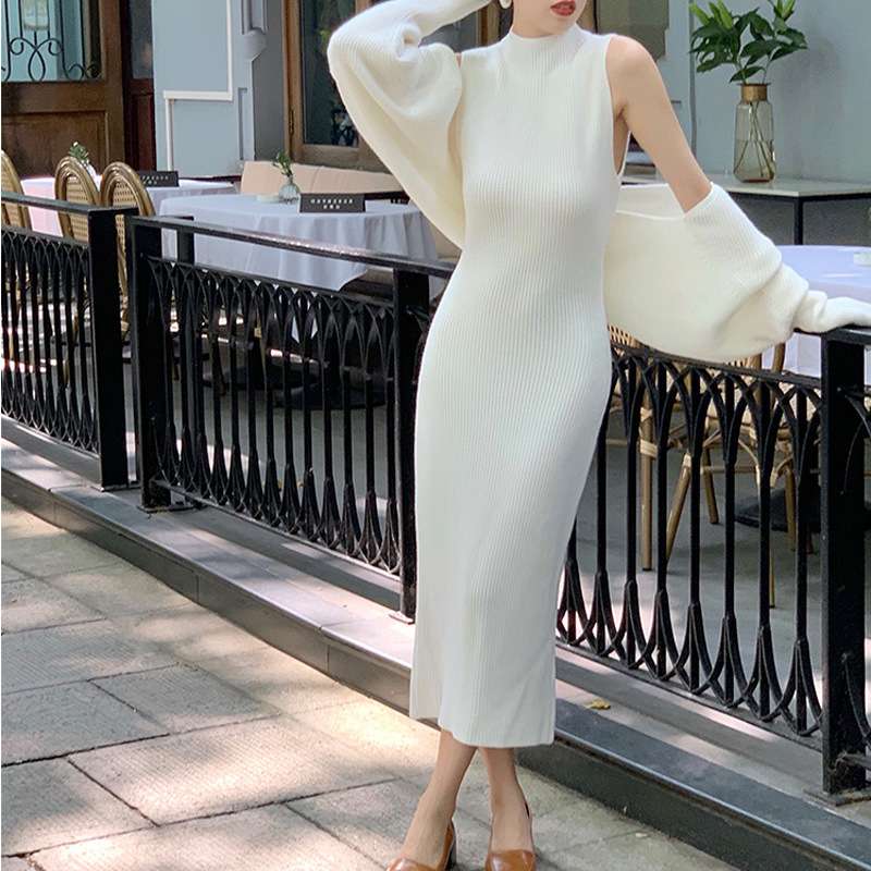 リブニットロングワンピース袖パフボレロセット シンプルファッション