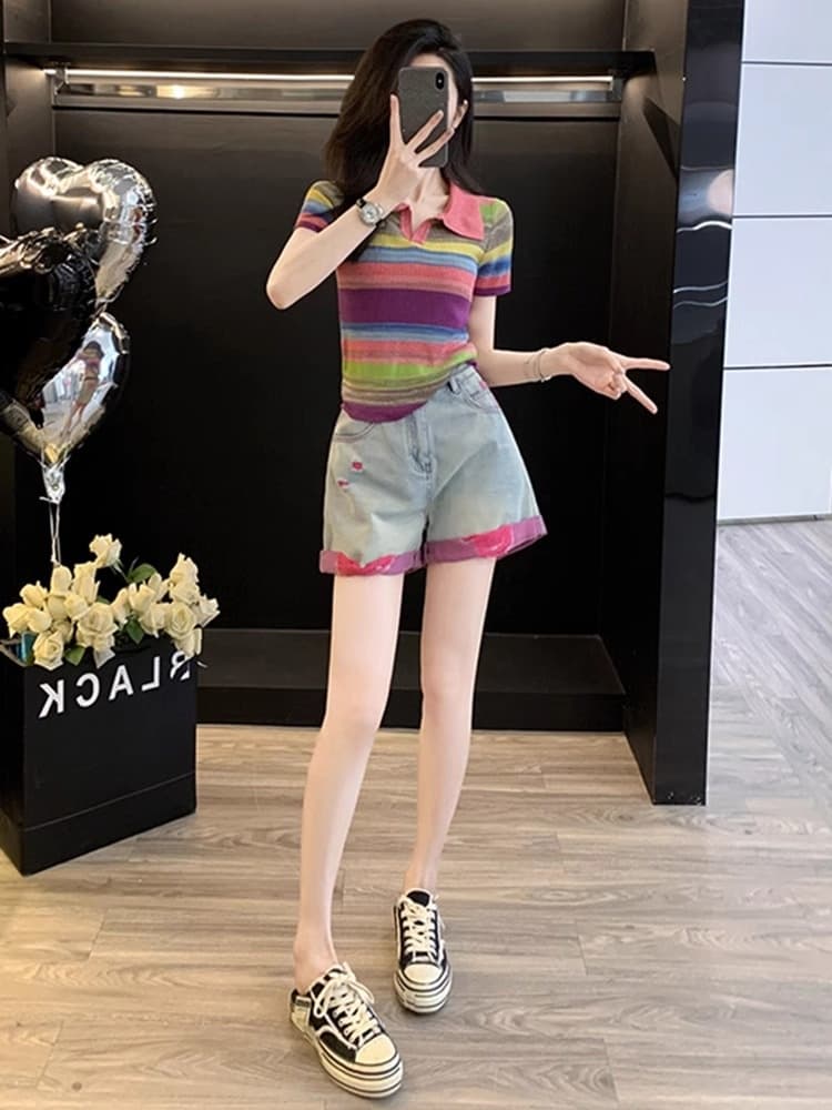 シンプルファッション マルチボーダーポロとデニムショート上下セット