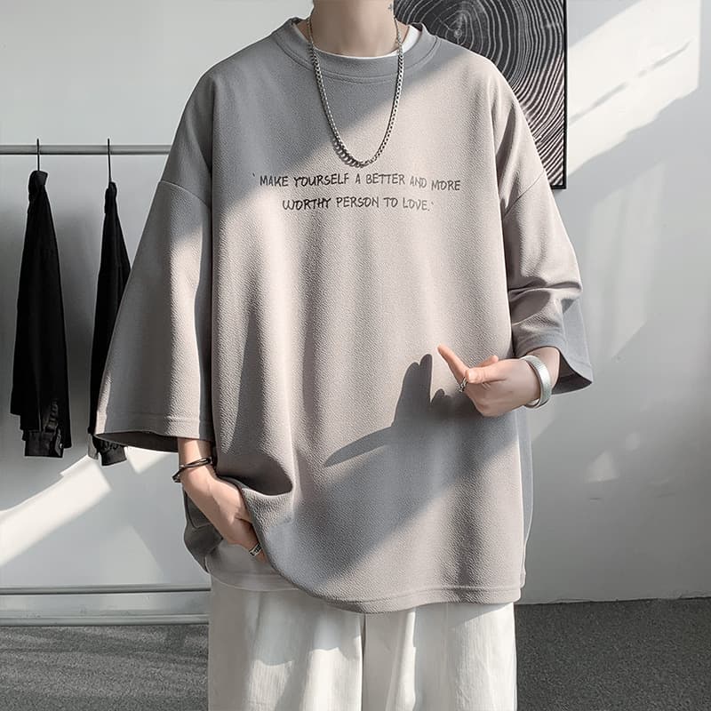 シンプルファッション シルキー素材メッセージプリント七分袖Tシャツ