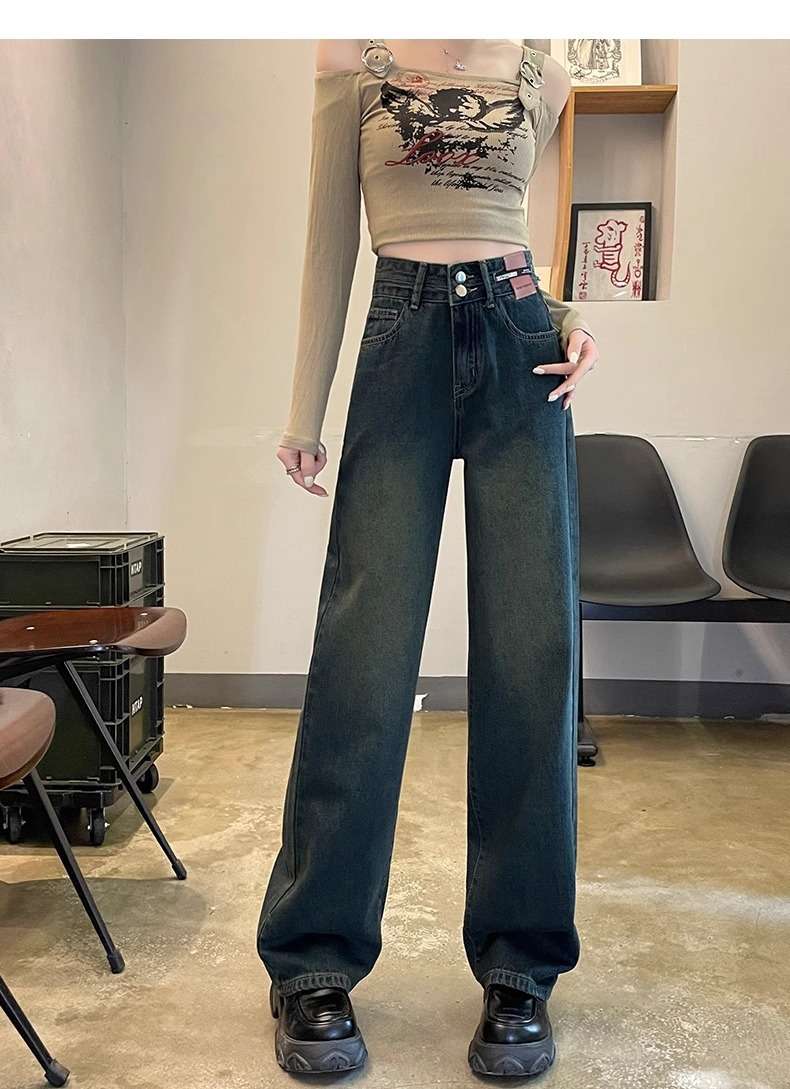 ゆったりワイドストレートデニム シンプルファッション