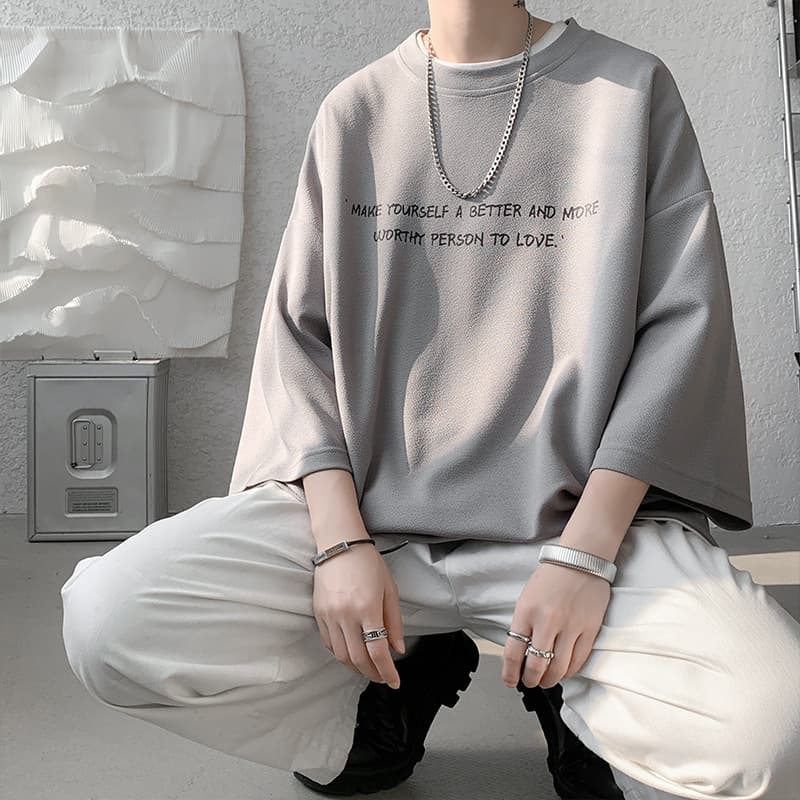 シンプルファッション シルキー素材メッセージプリント七分袖Tシャツ