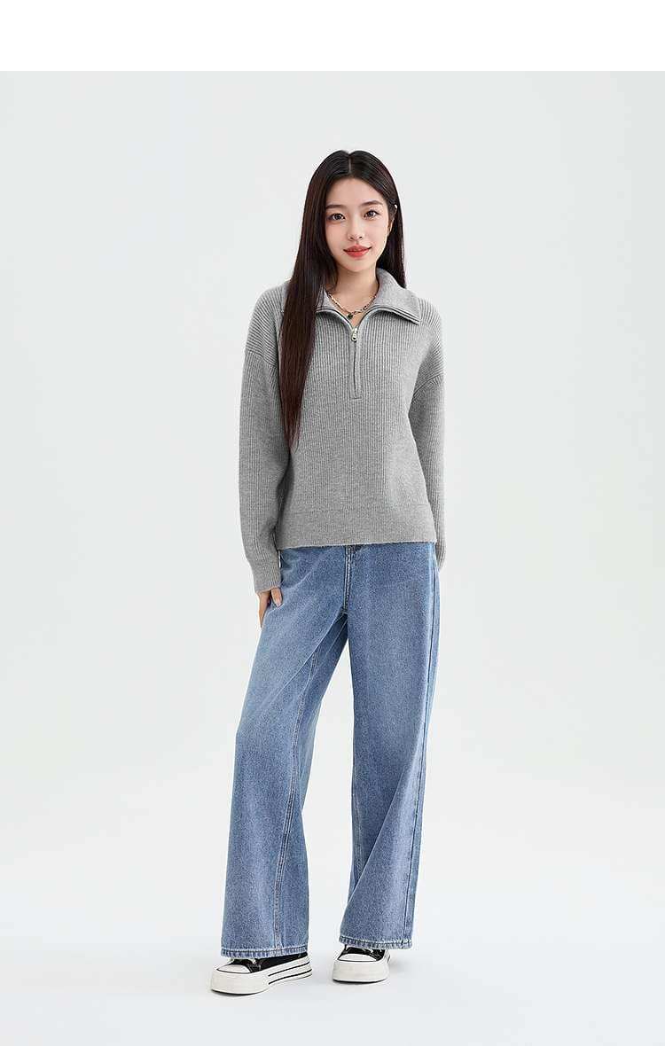 ハーフジップリブニットプルオーバー シンプルファッション