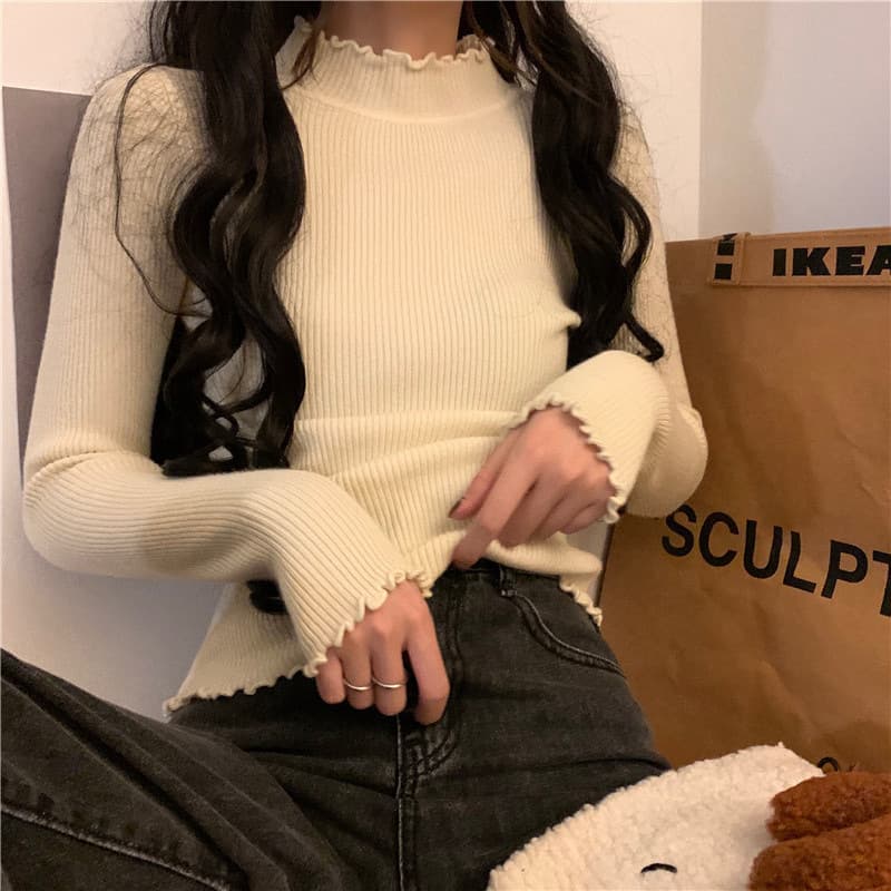 フリル袖リブニット シンプルファッション