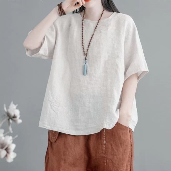 シンプルファッション ナチュラル麻混素材ゆったりトップス