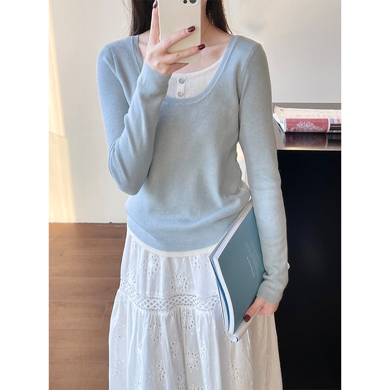 レイヤード風レディースニット シンプルファッション