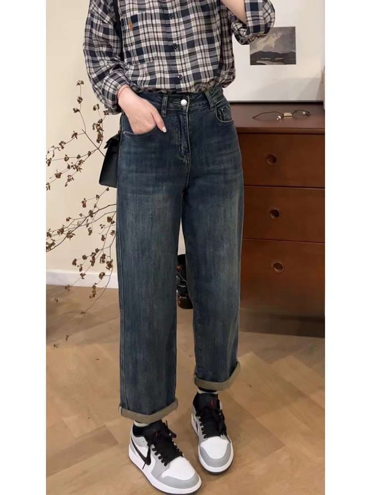 ゆったりストレートデニムパンツ シンプルファッション
