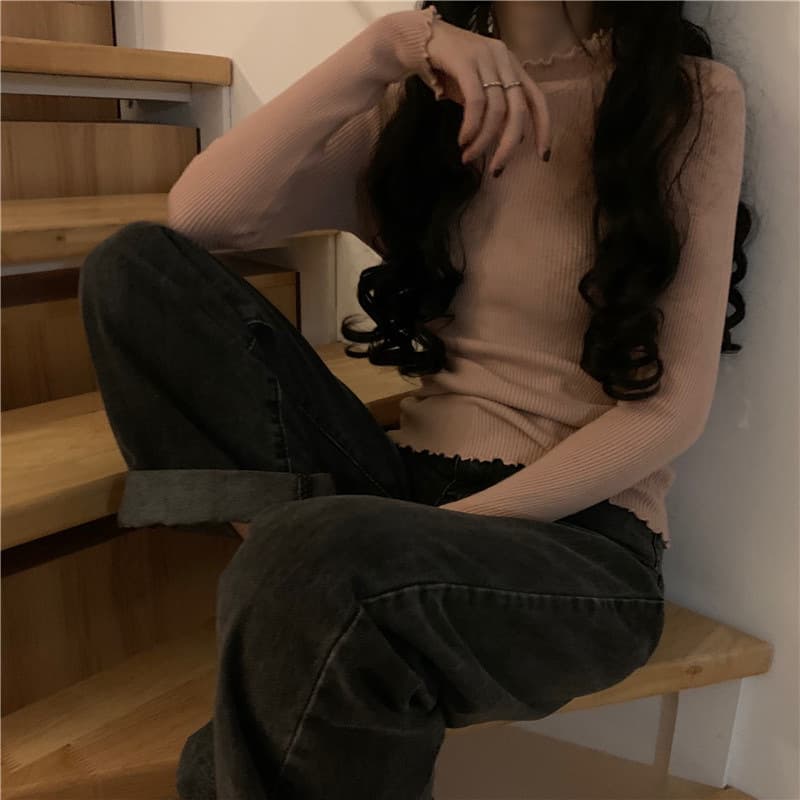 フリル袖リブニット シンプルファッション