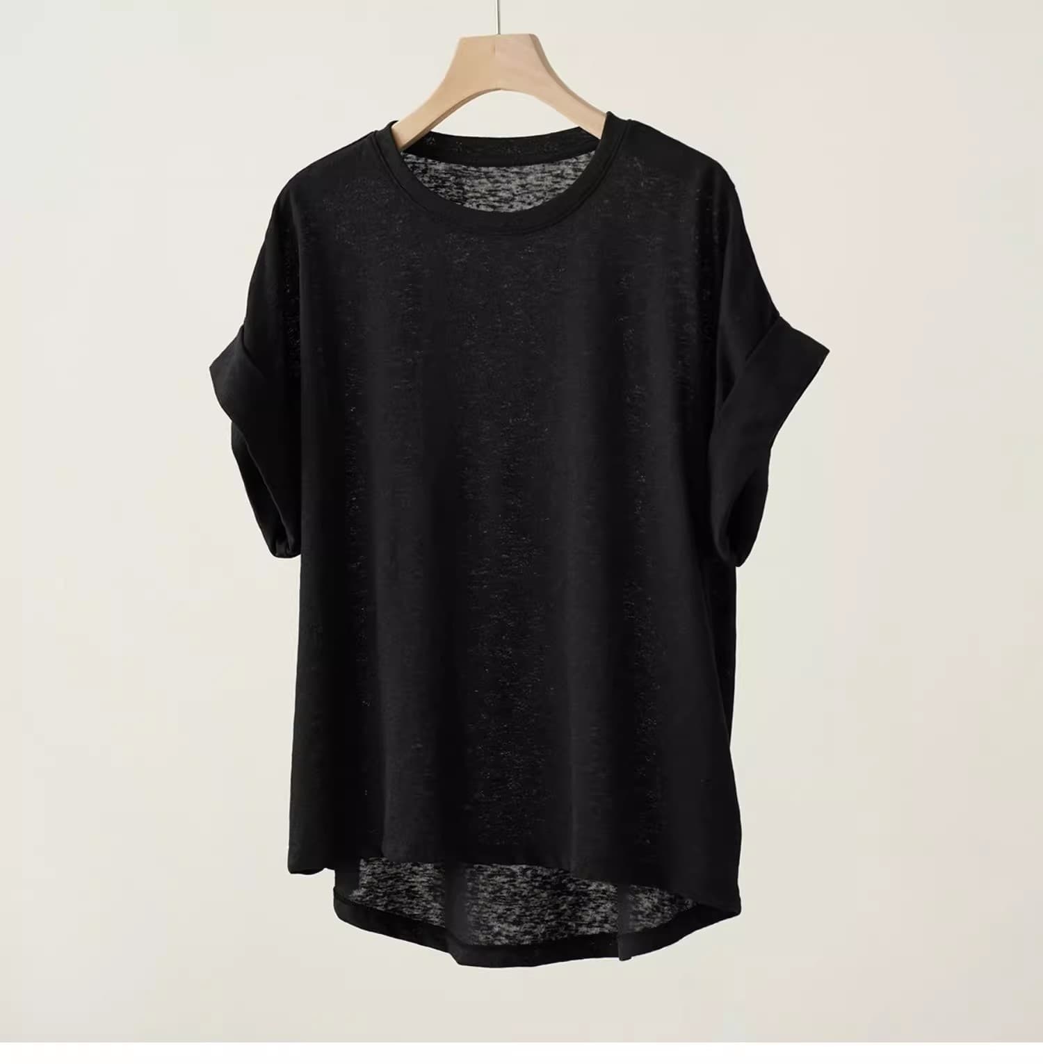 シンプルファッション 麻混素材ドルマン袖リラックスフィットTシャツ