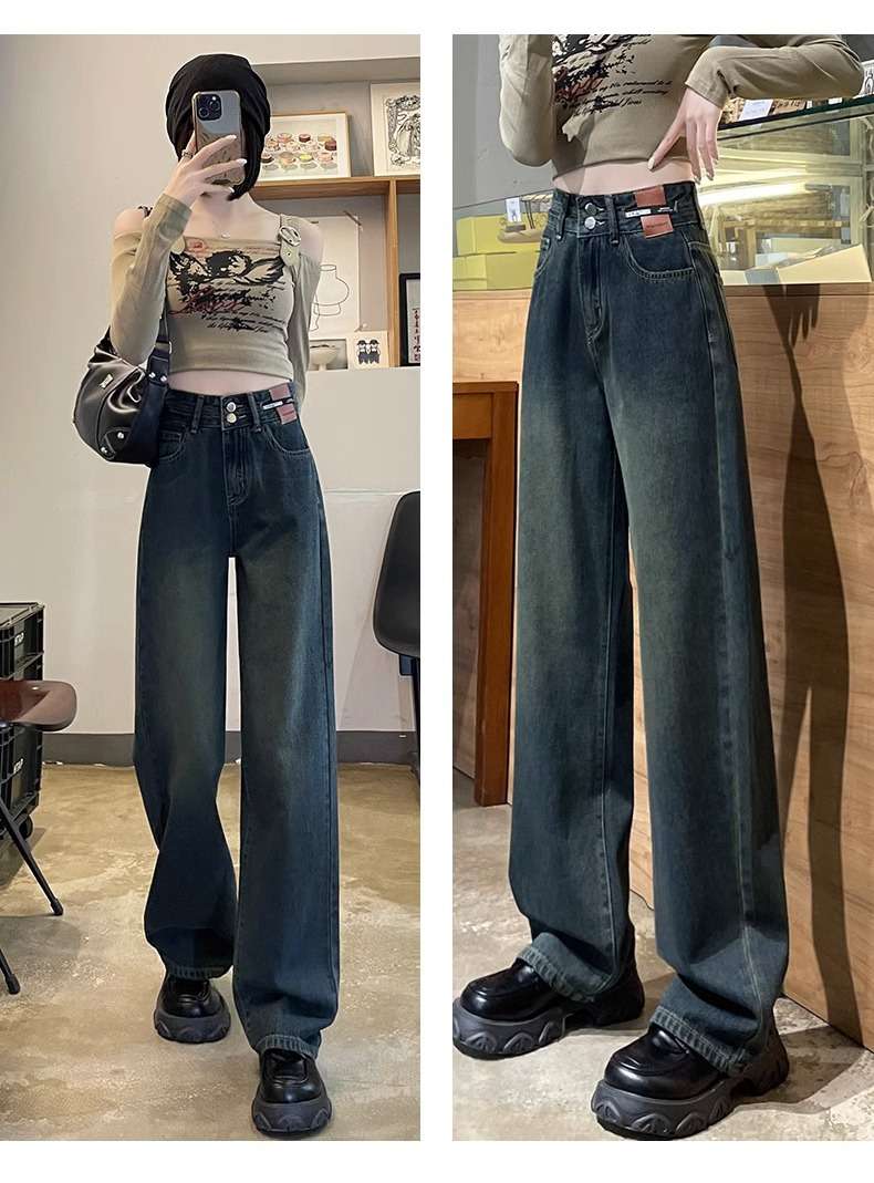 ゆったりワイドストレートデニム シンプルファッション