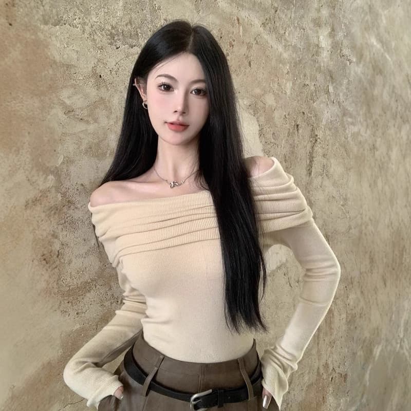 オフショルダーリブニット シンプルファッション