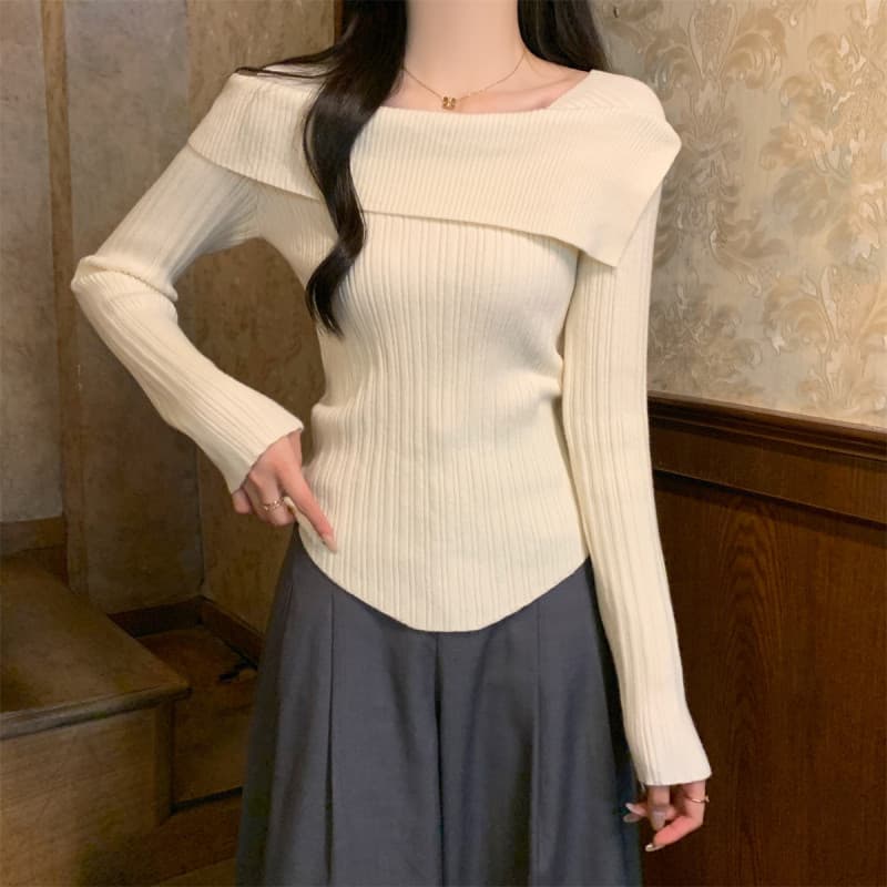オフショルダーリブニット シンプルファッション