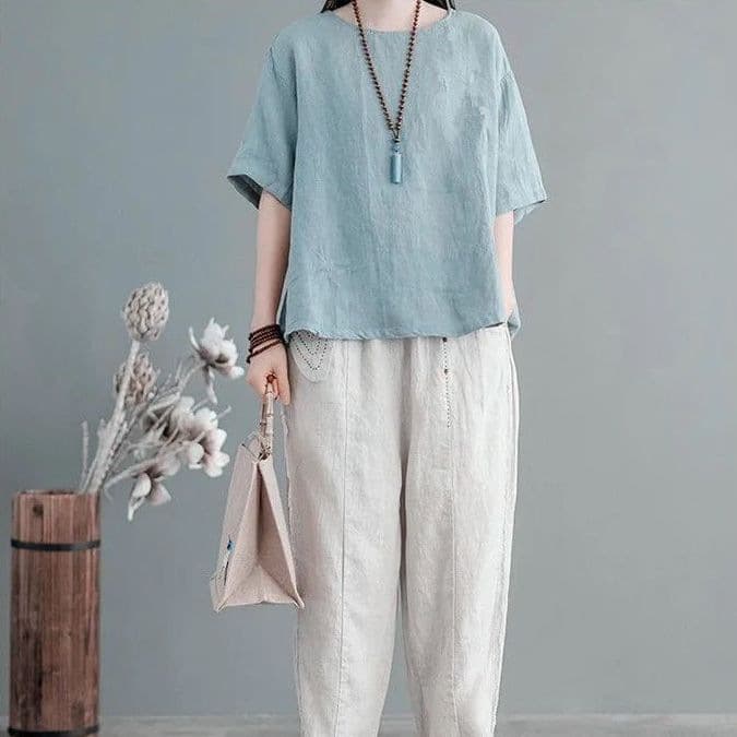 シンプルファッション ナチュラル麻混素材ゆったりトップス