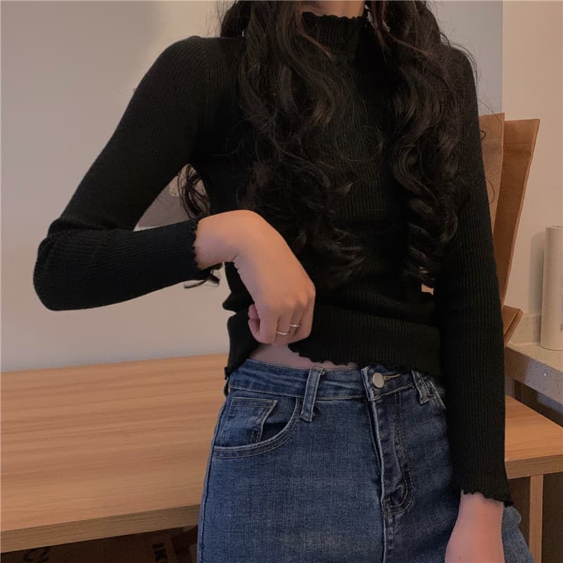 フリル袖リブニット シンプルファッション
