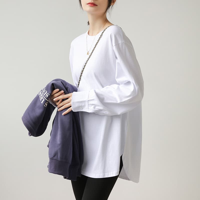 シンプルファッション 大人のゆったりサイドスリット入りロングＴシャツ